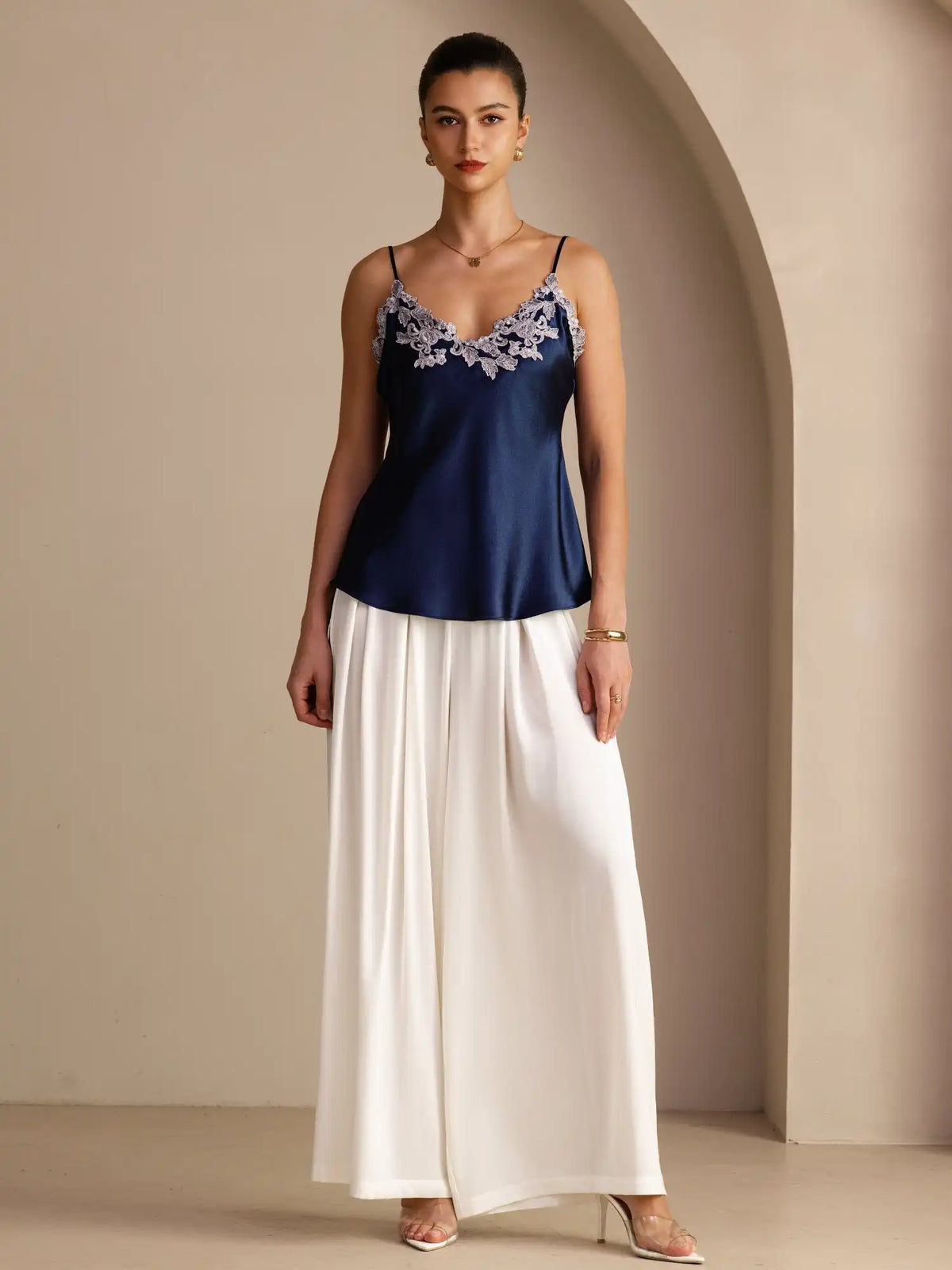 100% Mulberry Silk Spaghetti Strap  V-neck Lace Camisole Top