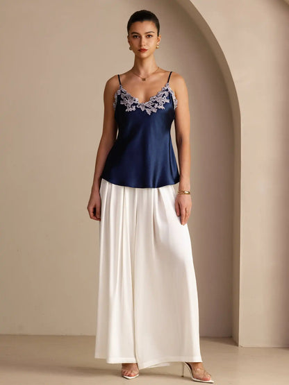 100% Mulberry Silk Spaghetti Strap  V-neck Lace Camisole Top
