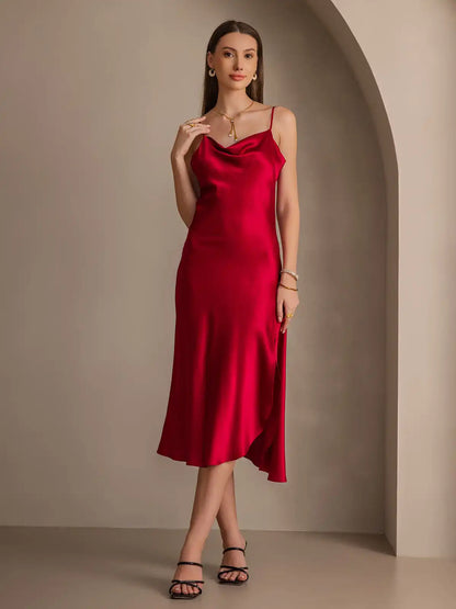 100% Mulberry Silk Spaghetti Strap Cowl Neck Bias Midi Dress with Split Design