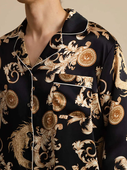 100% Mulberry Silk Men's Dragon Print  Long Sleeve Notch Collar Pajamas Set