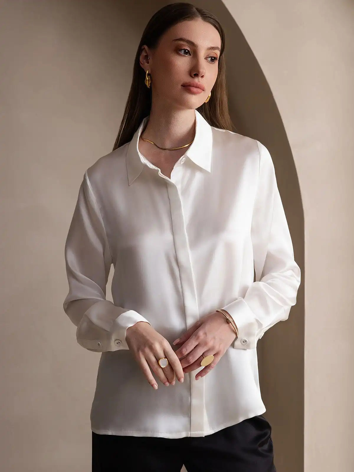 19Momme Silk Long Sleeve Lapel Collar Women's Shirt