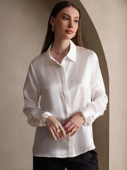 19Momme Silk Long Sleeve Lapel Collar Women's Shirt