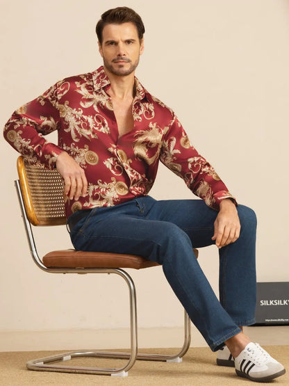 Pure Silk Men's Long Sleeve Lapel Collar Dragon Print Shirt
