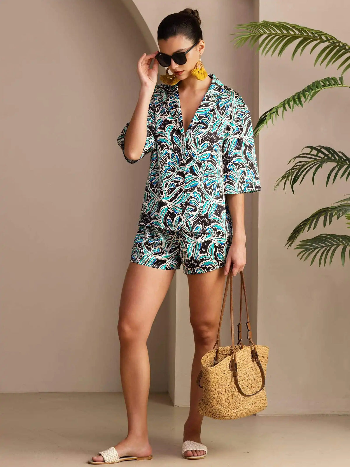 Clearance - 100% Mulberry Silk Women's Botanical Print Short Sleeve Button Up Pajamas Set