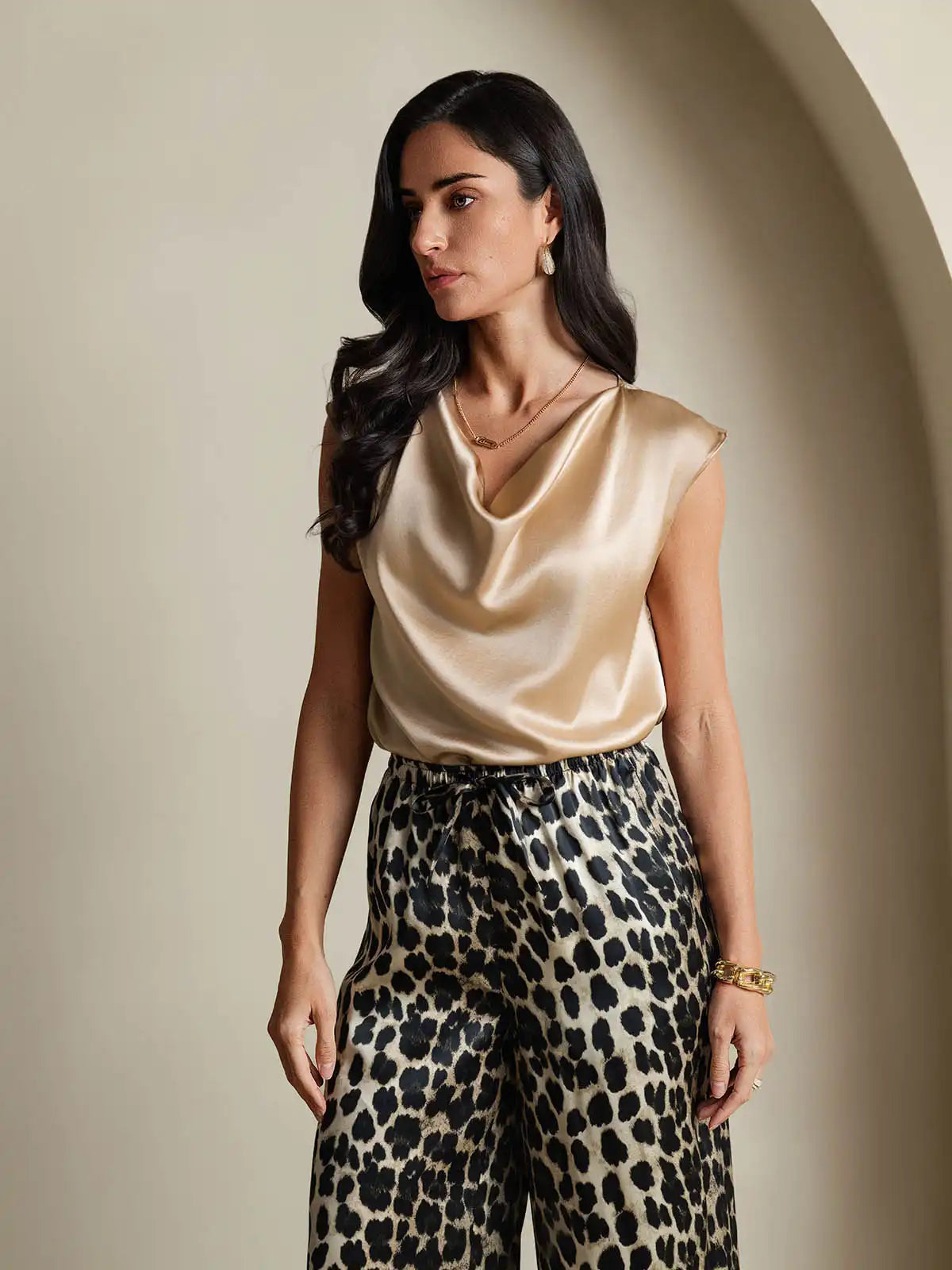19Momme Silk Cap Sleeve Cowl Neck Women's Top
