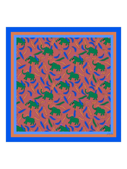 100% Mulberry Silk  Elephant Pattern Scarf - Size 90x90cm