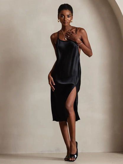 Elegant 100% Mulberry Silk Cross Backless Midi Dress with Side Slit