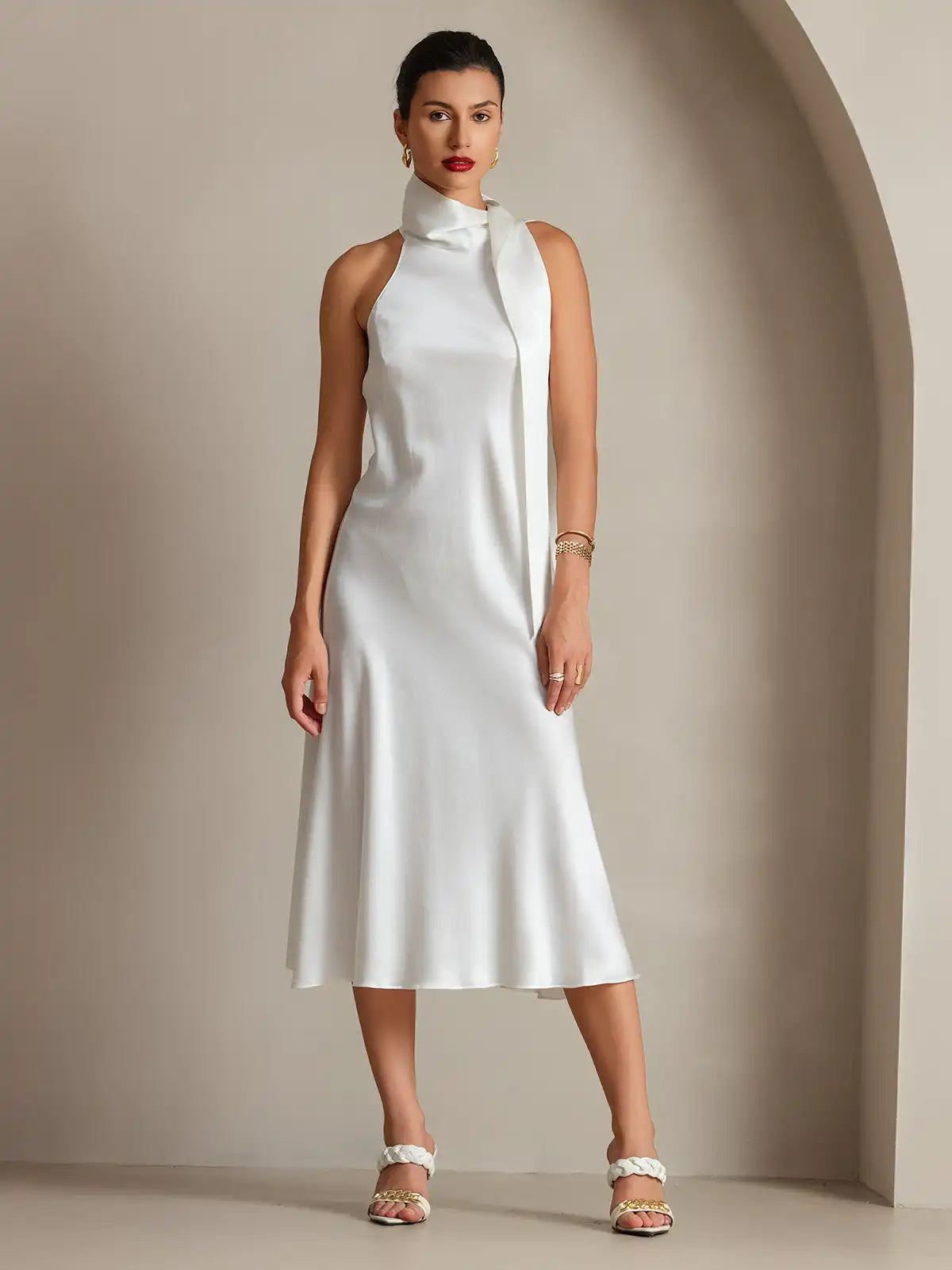 Clearance - 19Momme Silk Sleeveless Tie Neck Midi Dress