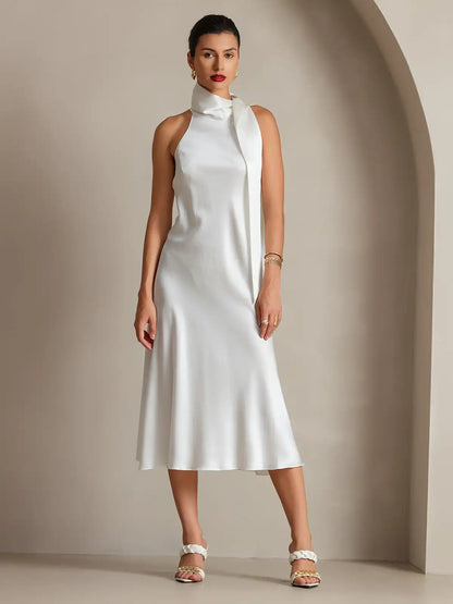 Clearance - 19Momme Silk Sleeveless Tie Neck Midi Dress