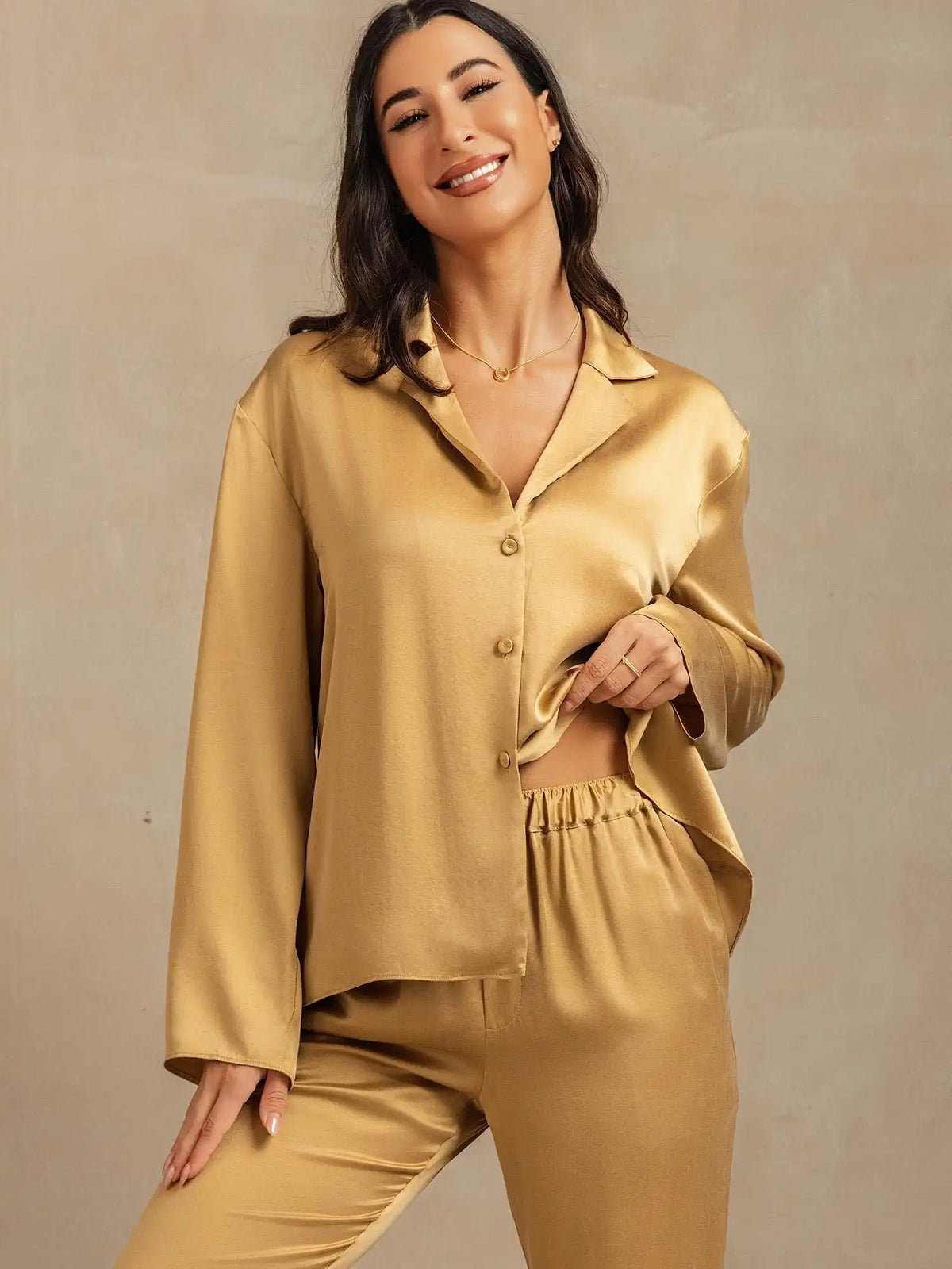 Clearance - 19Momme Washable Silk Long Sleeve Notch Collar Women's Pajamas Set