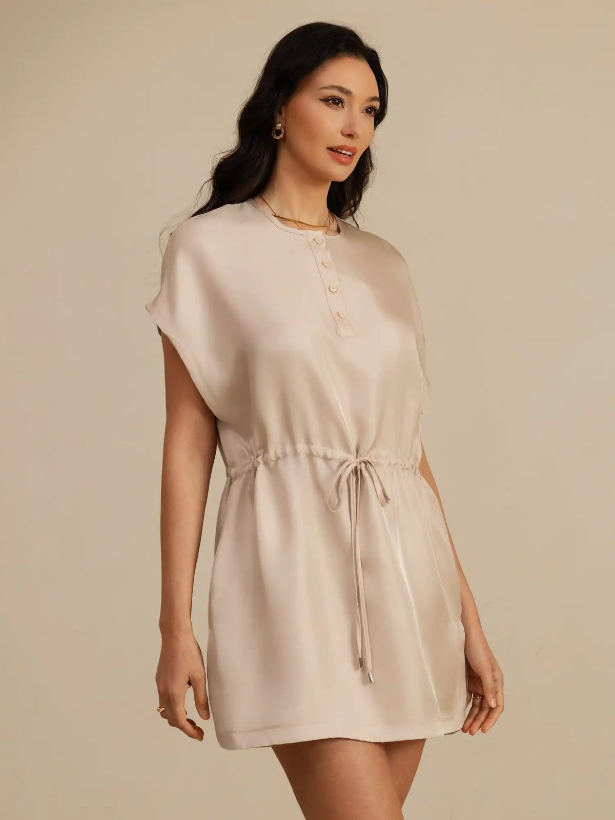 Clearance - 100% Mulberry Silk Henley Neck Cap Sleeve Short Dress With Drawstring