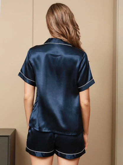 100% Mulberry Silk Short Sleeve Notch Collar Above the Knee Women's Pajamas Set
