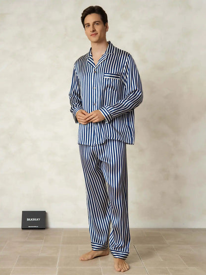 Men's 100% Mulberry Silk Stripe Print Long Sleeve Lapel Collar Pajamas Set