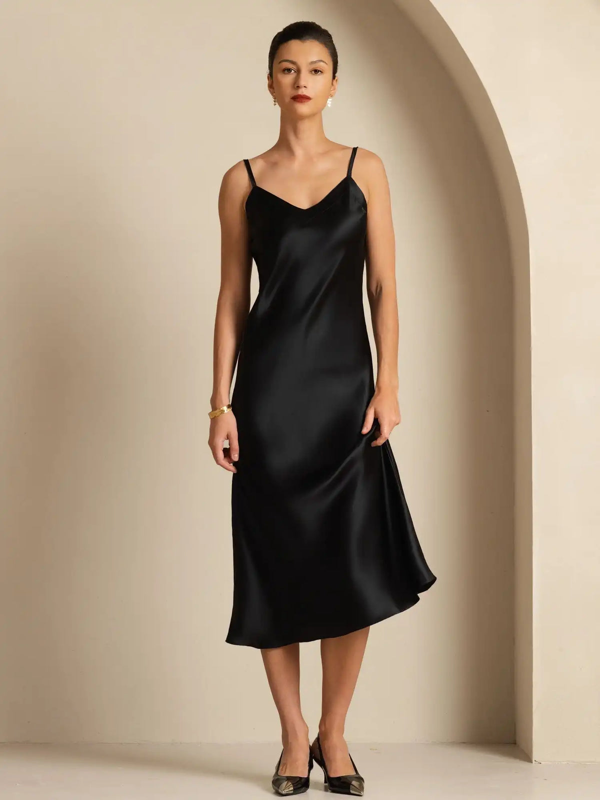 Pure Silk  V Neck Backless Spaghetti Strap Long Dress