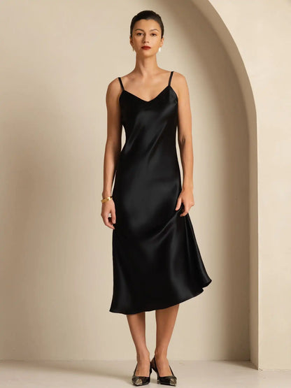 Pure Silk  V Neck Backless Spaghetti Strap Long Dress