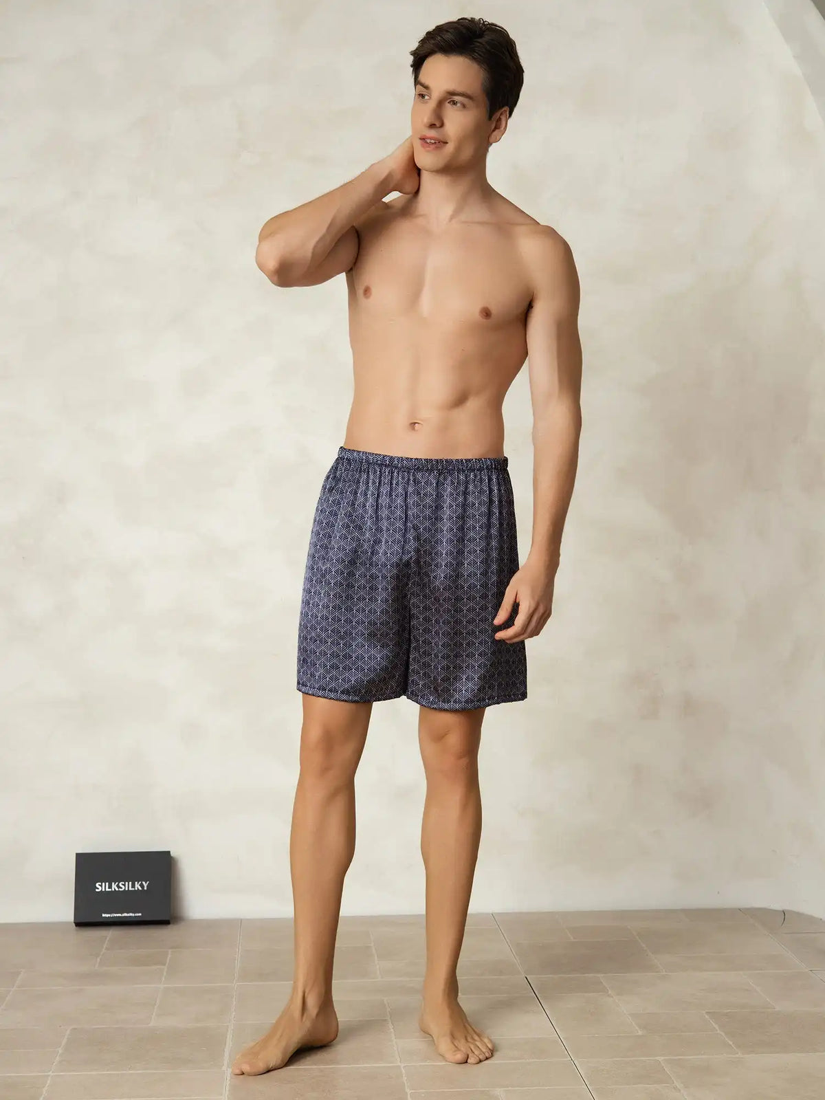 100% Mulberry Silk Ginkgo Print Elastic Waist Men's Sleep Shorts