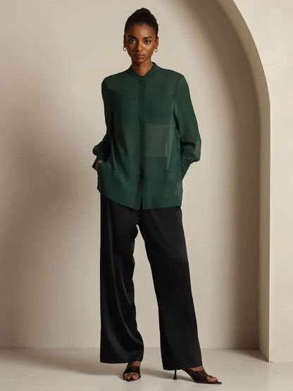 100% Mulberry Silk Long Sleeve Split Sheer Blouse