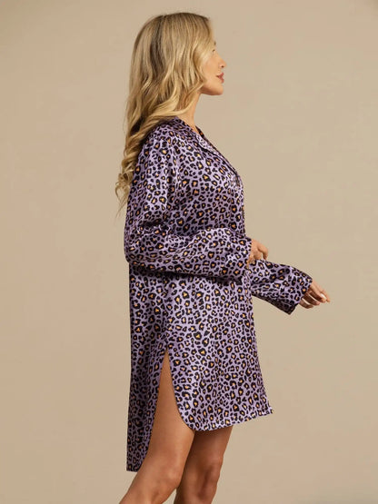 Clearance - 19Momme Pure Silk Women's Leopard Print Nightshirt with High-Low Hem