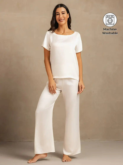 Clearance - 19Momme Women's Washable Silk Short Sleeve Scoop Neck Pajamas Set