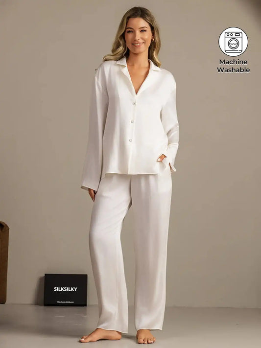 Clearance - 19Momme Washable Silk Long Sleeve Notch Collar Women's Pajamas Set