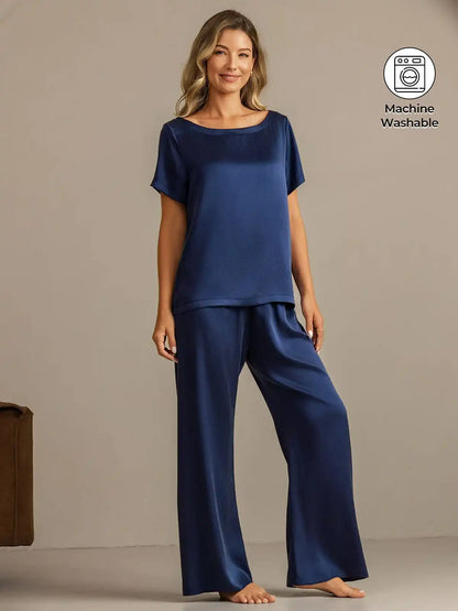 Clearance - 19Momme Women's Washable Silk Short Sleeve Scoop Neck Pajamas Set