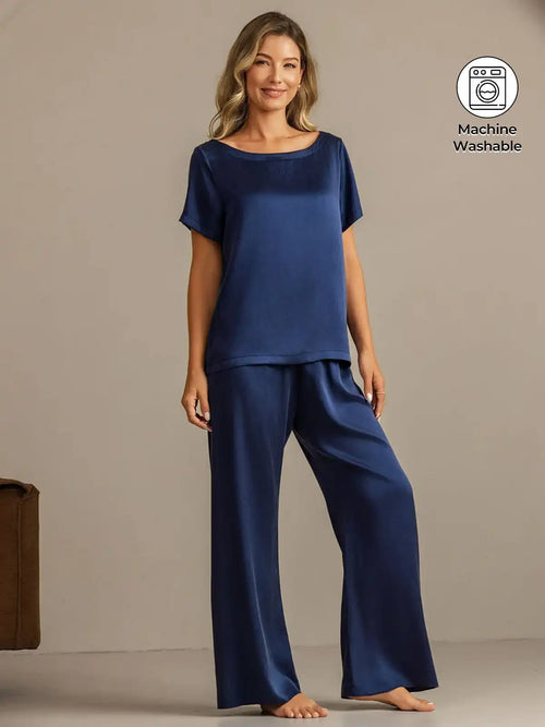 Clearance - 19Momme Women's Washable Silk Short Sleeve Scoop Neck Pajamas Set
